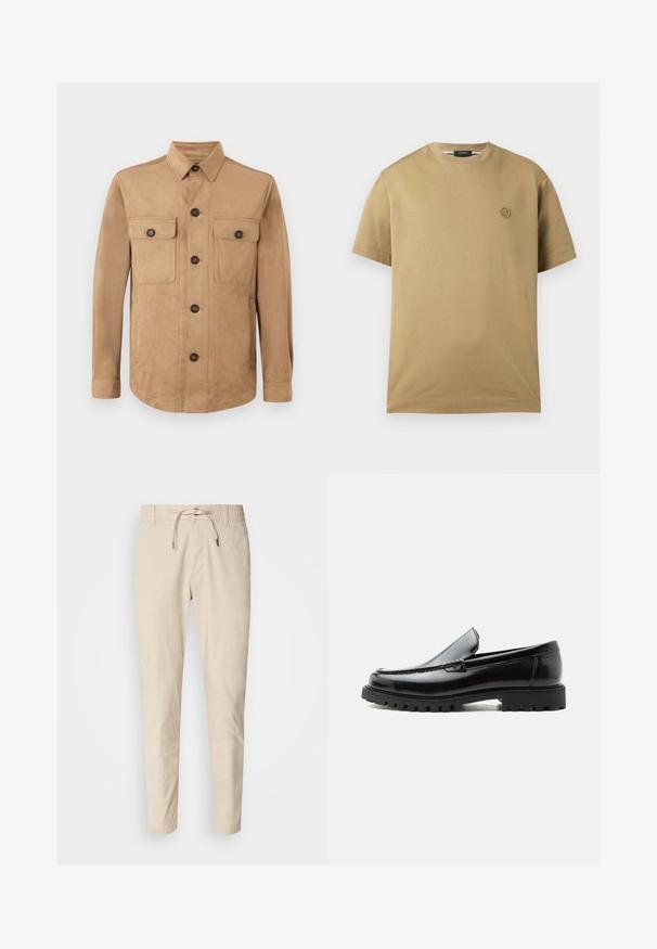 Beige jakke lavet af blødt stof, med knaplukning foran, to klaplommer med knapper og lange ærmer med knapmanchetter.; Beige bomulds-t-shirt med korte ærmer, rund halsudskæring og et lille tonalt logo på brystet. Glat tekstur, afslappet design.; Lys beige bukser med en glat stoftekstur, elastisk talje og justerbar snor. Taperet ben-design. Ingen synlige mønstre.; Sort læderloafer med chunky gummisål, syet overdel og præget mærkenavn på hælen, vist i sideprofil på hvid baggrund.