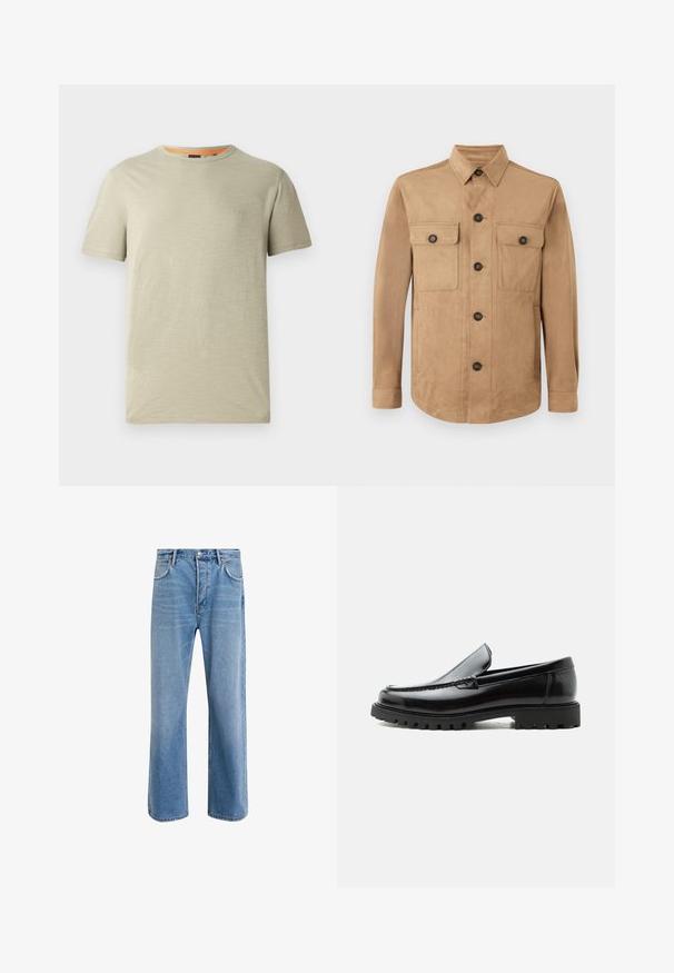 Veste beige en tissu doux, dotée d'une fermeture boutonnée à l'avant, de deux poches à rabat avec des boutons, et de manches longues avec des poignets boutonnés.; T-shirt vert clair à manches courtes en tissu texturé. Doté d'un col rond et d'un petit logo "BOSS" en relief sur la poitrine.; Jeans en denim bleu clair avec une coupe droite, cinq poches, fermeture à bouton, peu d'usure et des détails de couture contrastés.; Mocassin en cuir noir avec semelle en caoutchouc épaisse, dessus cousu et nom de marque embossé sur le talon, présenté de profil sur fond blanc.
