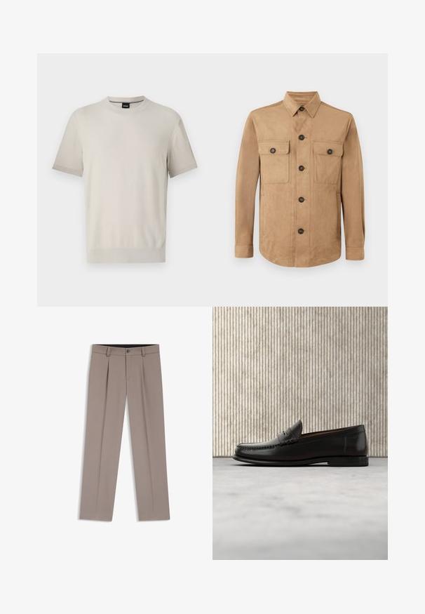 Veste beige en tissu doux, dotée d'une fermeture boutonnée à l'avant, de deux poches à rabat avec des boutons, et de manches longues avec des poignets boutonnés.; T-shirt à col rond à manches courtes en tissu texturé beige clair. Caractérisé par un col et des poignets côtelés avec une bordure contrastante subtile.; Pantalon homme sur mesure de couleur marron clair avec passants de ceinture, plis, bouton à l'avant et braguette zippée, posé à plat sur un fond blanc.; Mocassin penny en cuir noir avec talon bas, bout arrondi et détails cousus à l'avant et sur les côtés, présenté sur un fond neutre.