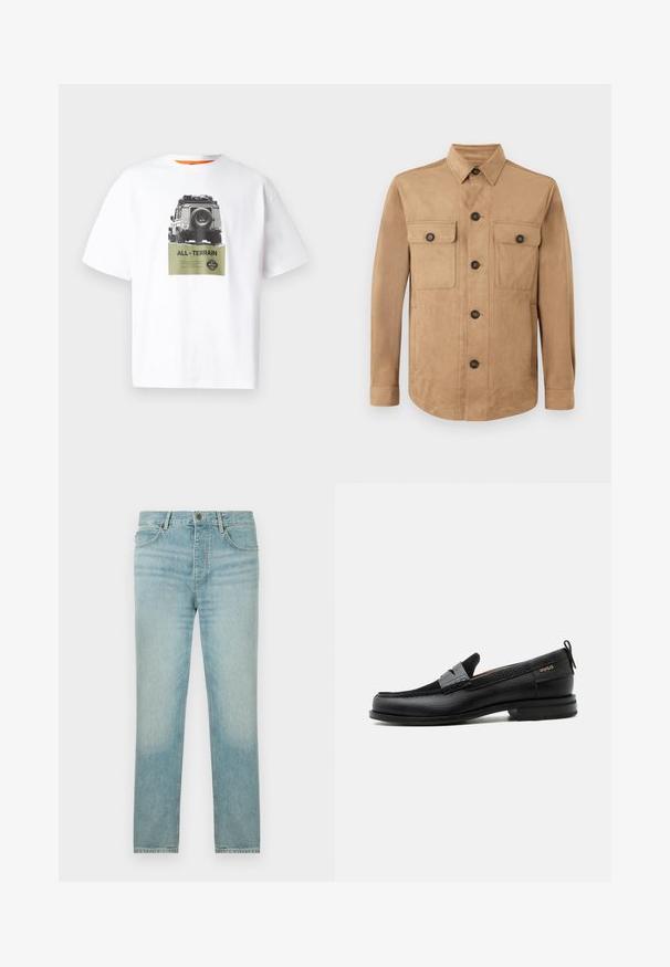 Beige jakke lavet af blødt stof, med knaplukning foran, to klaplommer med knapper og lange ærmer med knapmanchetter.; Hvid bomulds t-shirt med et grafik af et køretøj og teksten "ALL-TERRAIN" i grøn, med et sort-hvidt design. Orange inderside af kraven.; Lyseblå denim jeans med lige ben, der har en falmet vask, fem-lomme design og frontknaplukning.; Sort læderloafer med grå remdetalje, lav hæl og tekstureret sål, mærket med "HUGO" i guld på siden.