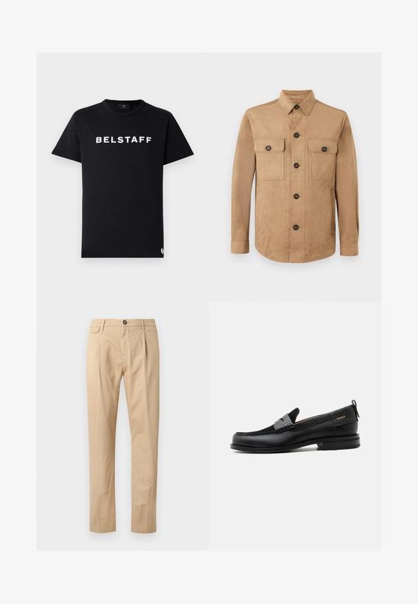 Beige Jacke aus weichem Material, mit einem Knopfverschluss, zwei aufgesetzten Taschen mit Knöpfen und langen Ärmeln mit geknöpften Manschetten.; Schwarzes Baumwoll-T-Shirt mit Rundhalsausschnitt, kurzen Ärmeln und weißem "BELSTAFF"-Logo, das über die Brust gedruckt ist.; Beige Baumwollhosen für Herren im Straight-Leg-Schnitt mit Fronttaschen, Gürtelschlaufen, Knopfverschluss und Reißverschluss auf einem weißen Hintergrund.; Schwarzer Lederloafer mit grauem Riemendetail, niedrigem Absatz und strukturierter Sohle, seitlich mit „HUGO“ in Gold gebrandmarkt.