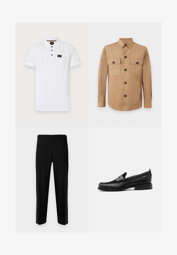 Veste beige en tissu doux, dotée d'une fermeture boutonnée à l'avant, de deux poches à rabat avec des boutons, et de manches longues avec des poignets boutonnés.; Polo shirt blanc en coton texturé, avec une patte de boutonnage à trois boutons, des manches courtes et une patch logo noir sur la poitrine.; Pantalon noir en tissu lisse, présentant une coupe droite, deux poches avant et une fermeture à glissière avec bouton.; Mocassin en cuir noir avec détail de bride grise, talon bas et semelle texturée, marqué "HUGO" en or sur le côté.