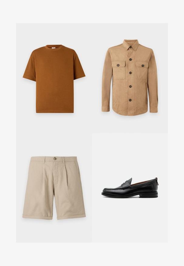 Tan jas gemaakt van zachte stof, met een knoopsluiting aan de voorkant, twee klepzakken met knopen en lange mouwen met knoopsluiting aan de manchetten.; Bruin t-shirt met korte mouwen, gemaakt van zachte stof, met een ronde halslijn en een ontspannen pasvorm met rechte onderrand. Geen zichtbare patronen of accenten.; Beige linnen korte broek met rechte pasvorm, voorzien van voorvouwen, een knoopsluiting en opgerolde zoomdetails. Soepele textuur met een minimalistisch ontwerp.; Zwarte leren herensloffen met moc toe stiksel, pennyriem, gestructureerde kraag en lage gestapelde hak op witte achtergrond.