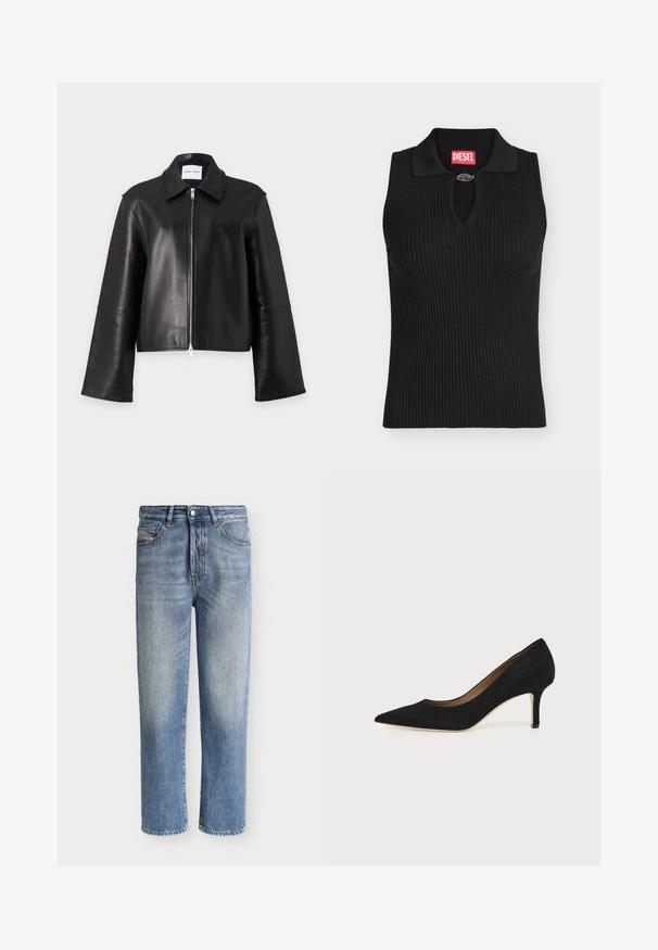 Veste en cuir noire avec une fermeture éclair argentée à l'avant, des manches longues larges et un col pointu sur fond blanc.; Haut noir sans manches en maille côtelée avec col et petite attache métallique au niveau de l'encolure, avec une étiquette rouge de la marque Diesel à l'intérieur du col.; Jean denim bleu délavé à jambes droites avec fermeture par bouton et zip, poches avant et poche monnaie, présenté sur un fond clair uni.; Escarpin en daim noir à bout pointu avec un talon stiletto fin de hauteur moyenne et un design à coupe basse sur un fond uni.