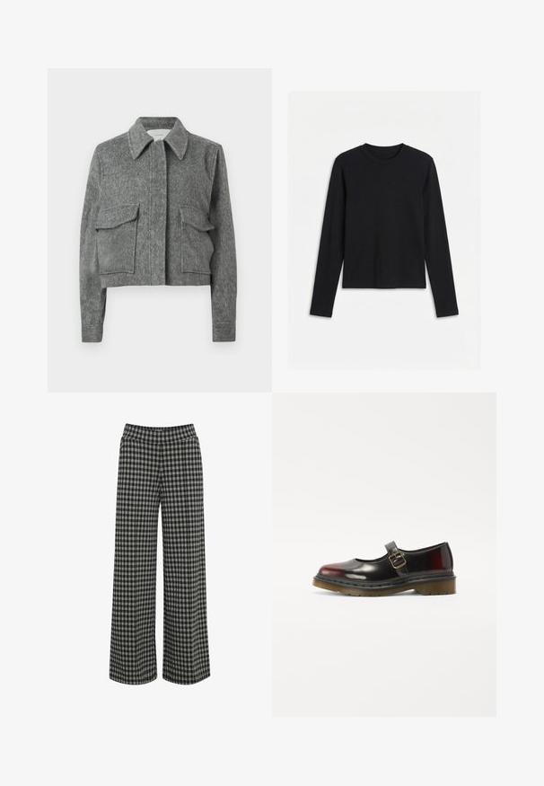 Grå cropped jakke lavet af struktureret stof med spidse krave, to forlommer med klap og lange ærmer. Minimalistisk design.; Sort langærmet T-shirt med bådhals og tætsiddende, ensartet design vist på hvid baggrund.; ICHI IHKATE - Bukser - vetiver; Sorte laklæder Mary Jane sko med rund tå, enkelt spænde og en tekstureret gummisål med lav hæl.