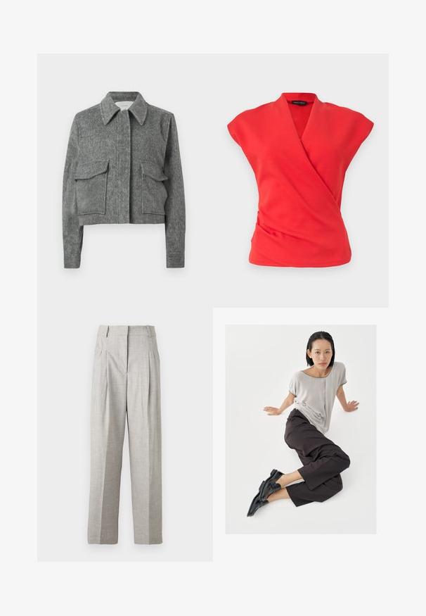 Chaqueta gris corta hecha de tela texturizada con un collar puntiagudo, dos bolsillos frontales con solapa y mangas largas. Diseño minimalista.; Top rojo sin mangas de estilo cruzado con escote en V y tela ligeramente fruncida en la cintura, mostrado sobre un fondo claro y liso.; Pantalones de color gris claro con un acabado texturizado, que presentan un diseño de cintura alta y dos pliegues en la parte delantera. Corte recto sin bolsillos visibles.; Top de manga corta gris claro, pantalones anchos oscuros y mocasines negros. Tela suave, ajuste relajado y ribete en contraste en la camisa.