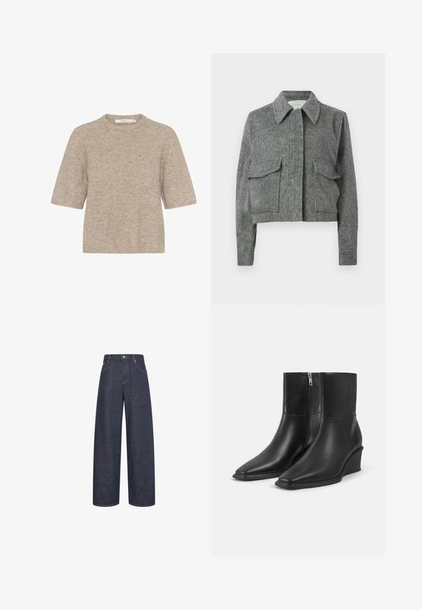 Grå cropped jakke lavet af struktureret stof med spidse krave, to forlommer med klap og lange ærmer. Minimalistisk design.; Beige kortærmet sweater lavet af blødt strikstof med en rund halsudskæring og en afslappet pasform. Teksturen er en smule fuzzy.; Mørkeblå vidde jeans med knaplukning foran og lommer, vist mod en hvid baggrund.; Par sorte læderankelstøvler med spidse tæer, kilehæle og sidelukkede lynlåse på en ensartet lys baggrund.