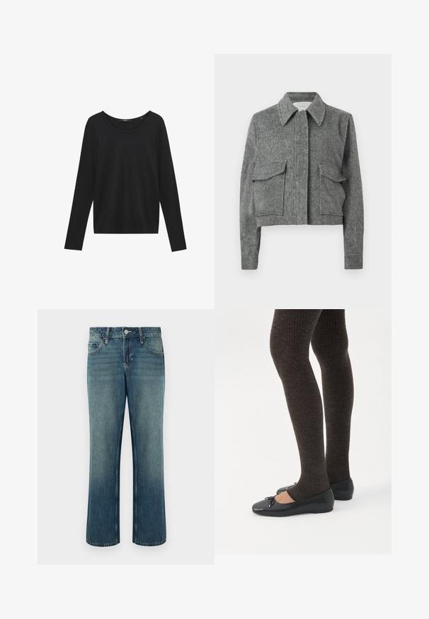 Grijze getailleerde jas van gestructureerde stof met een puntige kraag, twee voorzakken met flap en lange mouwen. Minimalistisch ontwerp.; Zwarte langemouwen top van zachte stof, met een ronde halslijn en een slim fit ontwerp zonder patronen of versieringen.; Blauwe spijkerbroek met rechte pijpen, taille op middelhoge hoogte, vijf zakken en subtiele vervaging. Voorzien van knoopsluiting en riemlussen.; Benen met donkere geribbelde leggings gecombineerd met zwarte ballerina's met kleine strikdetails op een witte achtergrond.