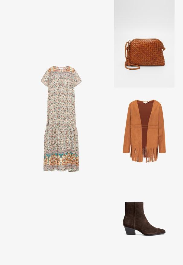 Bruine suède open-front jas met lange mouwen en franjes langs de onderzoom en randen.; Floral maxi-jurk met een roomkleurige achtergrond, kleurrijke bloemenpatronen, korte mouwen, een ronde halslijn en een rucheszoom.; Bruine suède enkellaarsjes met een puntige neus, middelgrote blokhak en minimale stiksels voor een strakke uitstraling.; Bruine geweven leren schoudertas met een ritsluiting, ronde vorm en een gevlochten schouderband. Voorzien van een klein, rechthoekig logoplaatje.