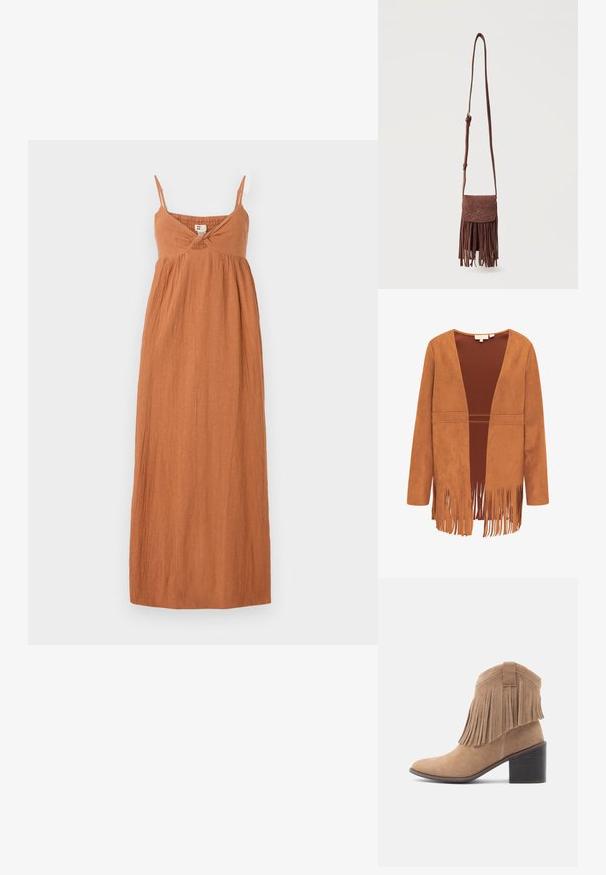 Veste marron en suède à ouverture frontale, manches longues et détails à franges le long de l'ourlet inférieur et des bords.; Robe longue couleur rouille en tissu léger. Comprend des bretelles spaghetti ajustables, un corsage froncé et une jupe fluide. Fini texturé.; Bottine en daim beige avec un bout arrondi et un dessus à franges. Dotée d'un talon bloc de hauteur moyenne et d'un design robuste avec un détail en boucle à l'arrière.; Sac bandoulière en suède marron avec longue sangle, motif décoratif cousu sur le rabat, et franges pendantes le long du bord inférieur.