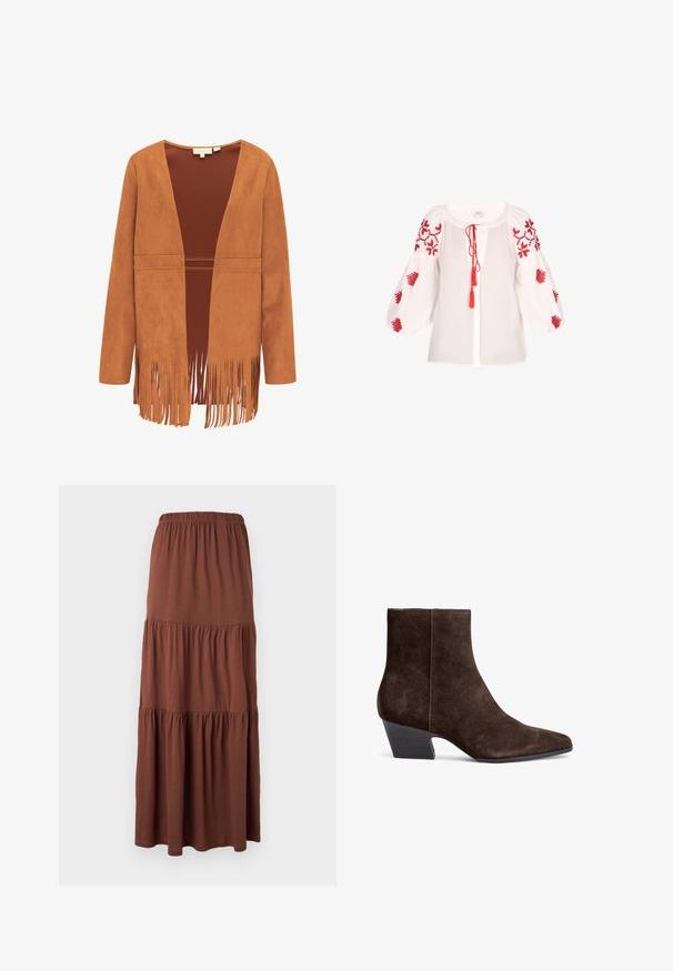 Veste marron en suède à ouverture frontale, manches longues et détails à franges le long de l'ourlet inférieur et des bords.; Blouse blanche avec broderie florale rouge sur les manches bouffantes, présentant une patte de boutonnage avec une fermeture à lien et des pampilles. Tissu doux et texturé.; Jupe longue marron à volants avec taille élastique, en tissu doux et léger, suspendue à plat sur fond blanc.; Bottines en suede marron avec un bout pointu, un talon bloc moyen et un minimum de couture pour une apparence épurée.