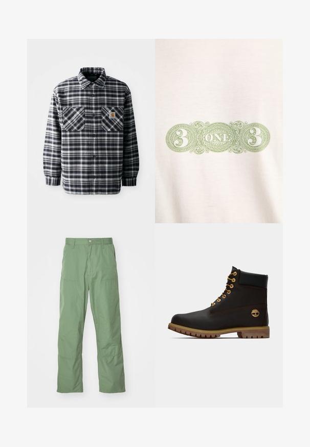 Camisa de franela a cuadros en blanco y negro con mangas largas, dos bolsillos frontales y un parche cuadrado con el logo en el bolsillo derecho. Cierre con botones.; Diseño verde ornamentado con el número 3 a ambos lados y la palabra UNO en el centro sobre un fondo de tela blanca.; Pantalones de corte relajado en un suave tono verde claro, con una textura lisa, que incluyen bolsillos laterales y detalles de costura visibles. De largo completo con un diseño de pierna recta.; Bota de cuero negro de tobillo con ojales dorados, acentos marrones y suela de goma. Presenta un cuello acolchado y un logotipo en relieve en el costado.