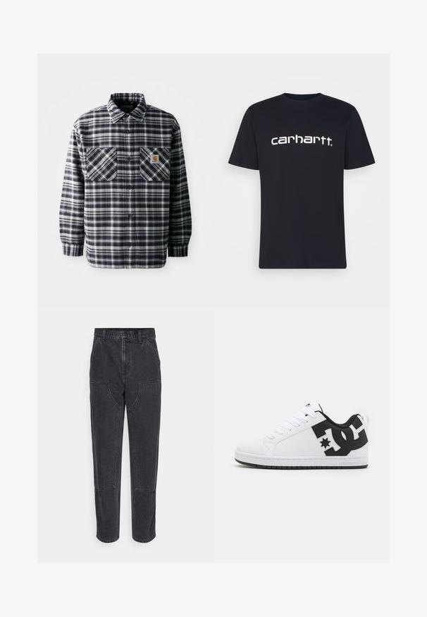 Chemise en flanelle à carreaux noir et blanc avec manches longues, deux poches avant et un écusson carré sur la poche droite. Fermeture à boutons.; T-shirt en coton noir à manches courtes et col rond ; arbore le logo "carhartt" blanc imprimé sur la poitrine. Texture lisse, design simple.; Jeans en denim noir à taille haute, coupe droite et grandes poches avant. Présente des coutures contrastées et aucun logo visible.; Baskets blanches avec un dessus synthétique lisse, ornées d'accents de logo noirs et d'une semelle en caoutchouc. Design à lacets, forme de bout arrondi.