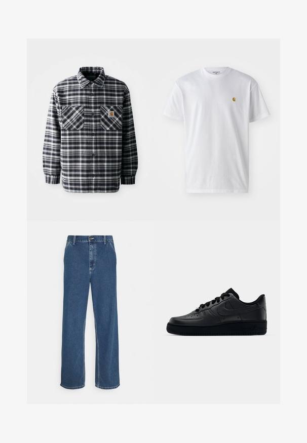 Schwarz-weiß kariertes Flanellhemd mit langen Ärmeln, zwei vorderen Taschen und einem quadratischen Logopatch auf der rechten Tasche. Mit Knopfschluss.; Weißes Baumwoll-T-Shirt mit kurzen Ärmeln, Rundhalsausschnitt, mit einem kleinen goldenen Logo im linken Brustbereich. Weicher Stoff und normale Passform.; Blaue Jeans aus Denim mit geradem Schnitt, fünf Taschen, Metallknopfverschluss und sichtbarer Naht entlang der Nähte und des Saums.; Schwarzer Nike Air Force 1 Schuh mit einem glatten Lederoberteil, perforierter Zehenpartie für Atmungsaktivität, schwarzen Schnürsenkeln und einer strukturierten Gummisohle.