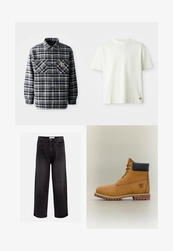 Sort-hvid plaid flannel skjorte med lange ærmer, to forlommer og et firkantet logo-patch på den højre lomme. Knaplukning.; Hvid bomulds T-shirt med rund hals, korte ærmer og en afslappet pasform. Har et lille logotag i siden. Glat tekstur.; Sorte denim jeans med bred benpasform, der har fem lommer, en syet talje og en diskret logodetalje nær knæet.; Brun læderankelstøvle med sort krave, gule snørebånd og tanfarvet sål. Har logo og hvide syninger som detalje. Robust ydersål med greb.