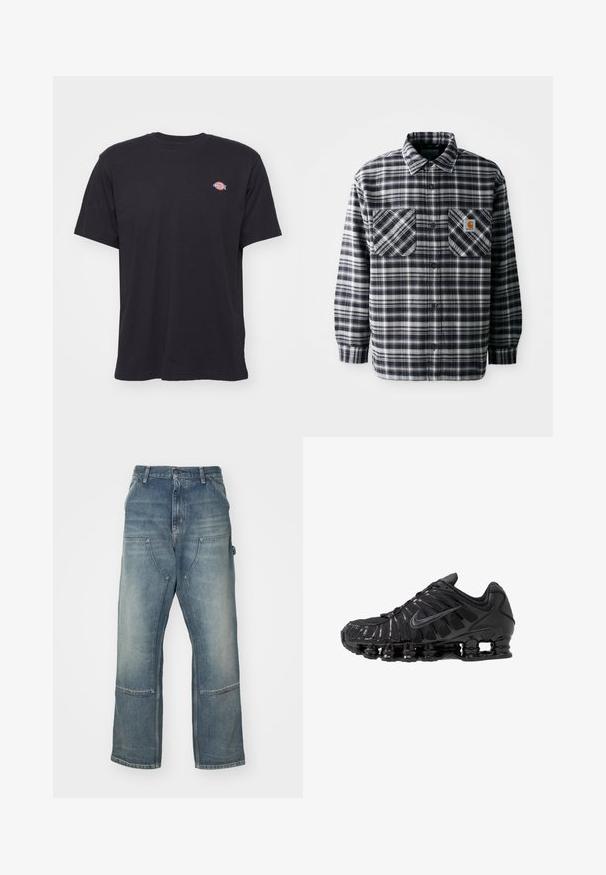 Sort-hvid plaid flannel skjorte med lange ærmer, to forlommer og et firkantet logo-patch på den højre lomme. Knaplukning.; Sort kortærmet t-shirt med rund hals og et lille farverigt Dickies-logo på venstre bryst mod en ensfarvet baggrund.; Lysblå jeans med afslappet pasform, lavet af denim. Har vide ben, store forlommer og kontraststing-detaljer.; Sorte atletikskoser lavet af mesh og syntetiske materialer, med et karakteristisk bølget design, sort gummisål og reflekterende detaljer.