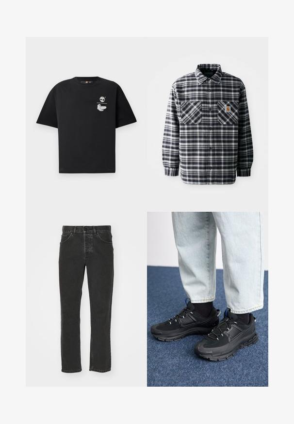 Zwart-witte geblokte flanellen shirt met lange mouwen, twee borstzakken en een vierkante logo patch op de rechterzak. Knopen sluiting.; Zwarte katoenen T-shirt met korte mouwen, voorzien van een wit logo en grafisch ontwerp op de borst. Eenvoudige, ontspannen pasvorm.; Zwarte denim jeans met een recht gesneden ontwerp, klassieke vijf-pocket styling, knoop tailleband en een vervaagde afwerking. Gladde textuur, geen zichtbare patronen.; Zwarte sportschoenen met gestructureerde stof en rubberen zolen, met elastische veters en een blauwe accent op de hiel. Draag samen met lichte spijkerbroeken.