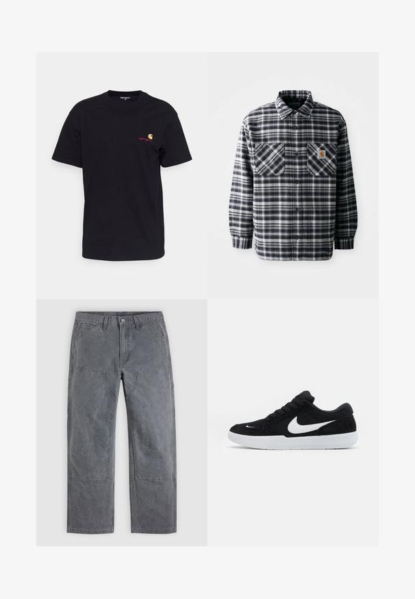 Chemise en flanelle à carreaux noir et blanc avec manches longues, deux poches avant et un écusson carré sur la poche droite. Fermeture à boutons.; T-shirt en coton noir à manches courtes, col rond, avec un petit logo coloré sur la poitrine gauche. Coupe classique avec une texture lisse.; Pantalon gris à jambes droites avec renforts aux genoux, poches avant et passants de ceinture, présenté à plat sur un fond uni.; Baskets en suède noires avec accents blancs, dotées d'une pointe arrondie, d'une semelle blanche épaisse et de lacets noirs. Logo Nike blanc bien visible sur le côté.