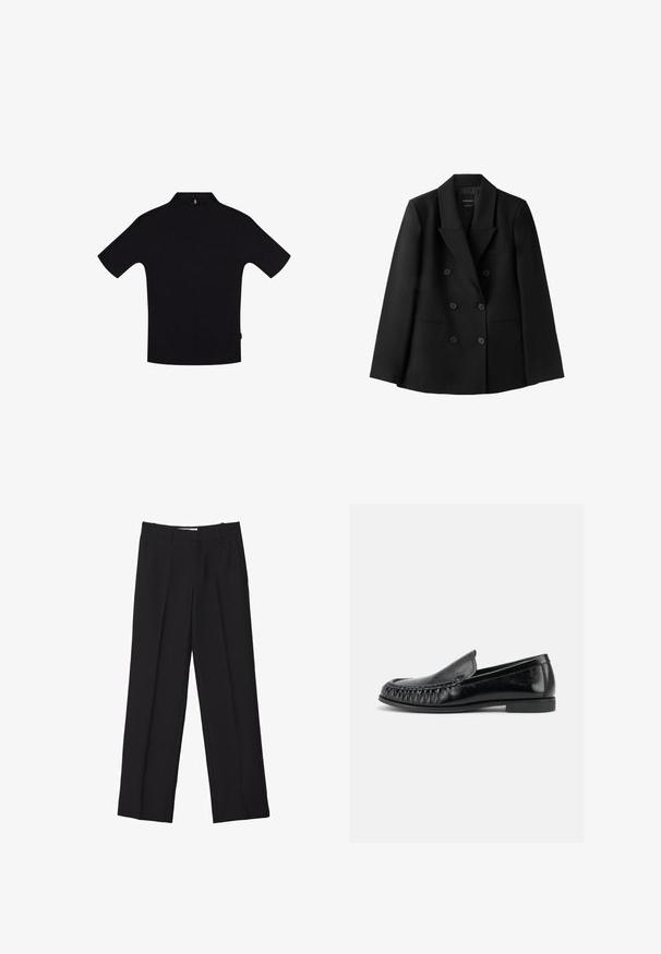 Sort dobbeltrettet blazer med seks knapper, notch krave og to forlommer, vist på hvid baggrund.; Sort kortærmet t-shirt med høj krave og lynlås bagpå. Fremstillet af et glat stof med et minimalistisk design og uden synlige mønstre.; Sorte skræddersyede bukser med lige ben-design, der har dobbelte folder, en glat tekstur og diskrete forreste sømdetaljer.; Sort læder slip-on loafer med rundet tå, syning langs fronten og lav flad hæl, vist fra siden.