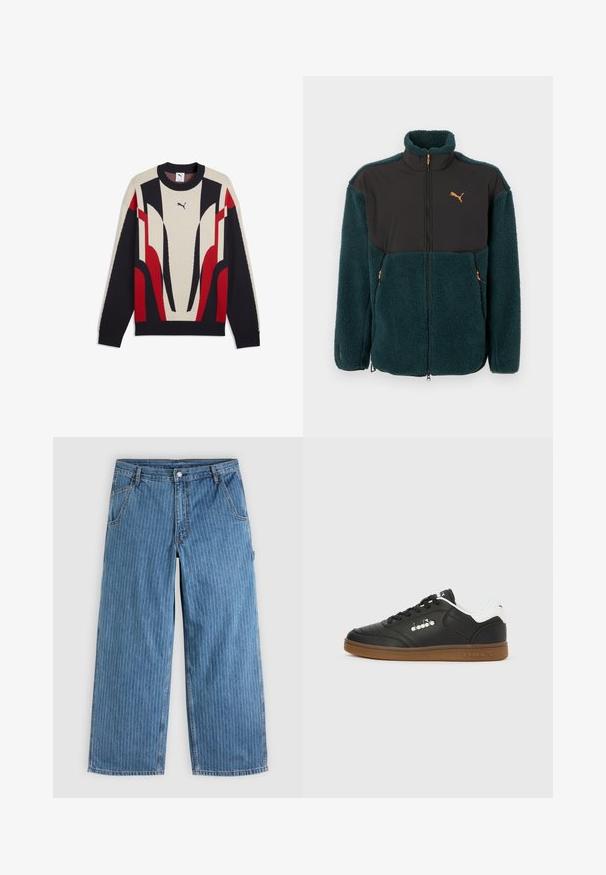 Veste en polaire turquoise avec panneaux en tissu noir, col montant, fermeture éclair à l'avant, poches zippées et détail logo orange. Texture douce.; Sweat-shirt Puma à manches longues avec col rond, présentant des motifs géométriques abstraits beige, noir et rouge sur le devant et les manches.; Jean bleu à jambes larges avec fines rayures verticales blanches, poches avant, passants pour ceinture et fermeture par bouton à la taille.; Baskets en cuir noir avec languette blanche au talon, semelle en gomme, lacets noirs et logo argenté Diadora sur le côté et la semelle.