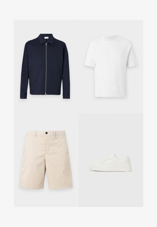 Veste bleu marine foncé zippée avec col et manches longues, dotée de deux poches latérales et d'une fermeture éclair argentée à l'avant.; T-shirt blanc à manches courtes en maille texturée avec col rond, présenté sur un fond clair uni.; Shorts en coton beige avec passants pour ceinture, bouton frontal et fermeture éclair, présentés sur un fond clair uni.; Baskets basses en cuir blanc avec fermeture à lacets, languette de talon texturée et semelle en caoutchouc blanc légèrement rainurée sur un fond clair uni.