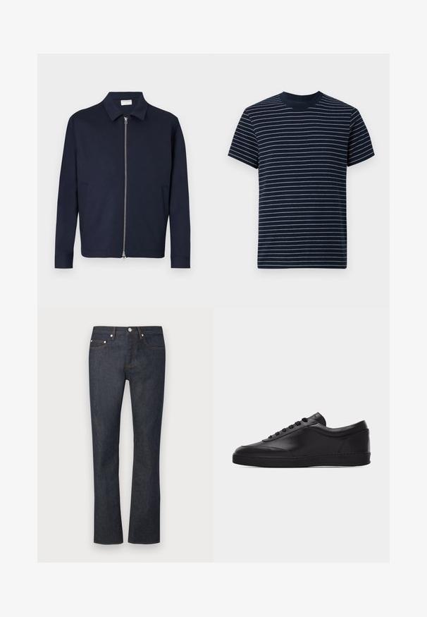Veste bleu marine foncé zippée avec col et manches longues, dotée de deux poches latérales et d'une fermeture éclair argentée à l'avant.; T-shirt à manches courtes bleu marine avec fines rayures horizontales blanches et col rond, présenté sur un fond blanc.; Jean droit en denim bleu foncé avec bouton sur le devant, fermeture éclair et cinq poches sur un fond uni.; Baskets basses en cuir noir avec lacets sur le devant et semelle en caoutchouc plate, vues de côté sur un fond blanc uni.