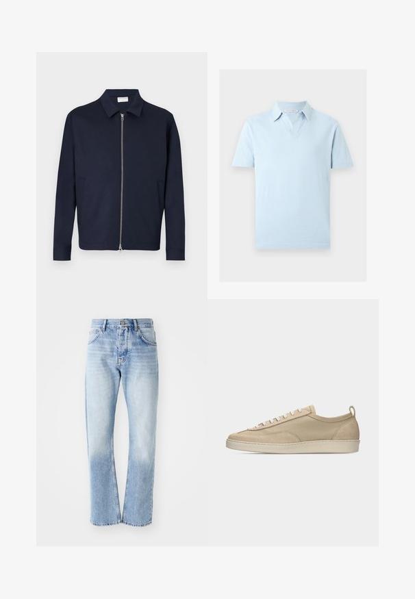 Donker marineblauwe jas met rits, kraag en lange mouwen, met twee zijzakken en een zilveren rits aan de voorkant.; Lichtblauw polohemd met korte mouwen, kraag en V-vormige inkeping bij de halslijn, afgebeeld op een effen witte achtergrond.; Lichtblauwe denim jeans met een rechte pijp. Voorzien van een vijf-pocket ontwerp, knoopsluiting en een vervaagde textuur naar de onderkant.; Beige lage sneaker met bovenwerk van stof en suède, witte veters, rubberen zool en een lus aan de hiel, afgebeeld in zijaanzicht op een witte achtergrond.