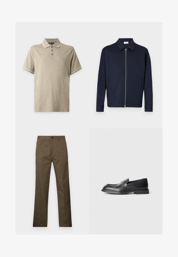Veste bleu marine foncé zippée avec col et manches longues, dotée de deux poches latérales et d'une fermeture éclair argentée à l'avant.; Polo beige à manches courtes avec col et trois boutons, bordure blanche au col et aux manches, et petit logo MK brodé sur la poitrine.; Pantalon en coton brun à coupe droite, avec une fermeture à bouton et des poches latérales, exposé sur un fond blanc.; Mocassins en cuir noir avec une finition texturée, dotés d'une bride décorative à l'avant et d'un bout arrondi. Semelle en caoutchouc pour plus de durabilité.