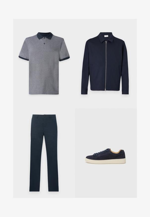 Veste bleu marine foncé zippée avec col et manches longues, dotée de deux poches latérales et d'une fermeture éclair argentée à l'avant.; Polo gris à manches courtes avec col et bords de manches bleu marine foncé, doté de deux boutons et d’un petit logo sur la poitrine sur un fond uni.; Pantalon bleu marine coupe slim avec passants de ceinture, fermeture par bouton et devant plat, présenté sur un fond clair uni.; Baskets basses en suede bleu marine avec bout arrondi, semelle en caoutchouc blanc cassé et lacets assortis ; dotées d'une doublure intérieure contrastante couleur tan.