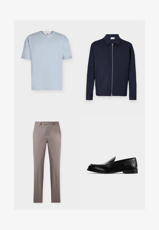 Veste bleu marine foncé zippée avec col et manches longues, dotée de deux poches latérales et d'une fermeture éclair argentée à l'avant.; T-shirt bleu clair à manches courtes et col rond avec une petite étiquette de marque à l'intérieur du col, présenté sur un fond blanc uni.; Pantalon beige pour homme, coupe droite, pli devant, passants de ceinture et fermeture avant dissimulée sur un fond uni.; Mocassin noir en cuir à enfiler avec un petit talon, un bout arrondi et des surpiqûres décoratives le long du bord supérieur.