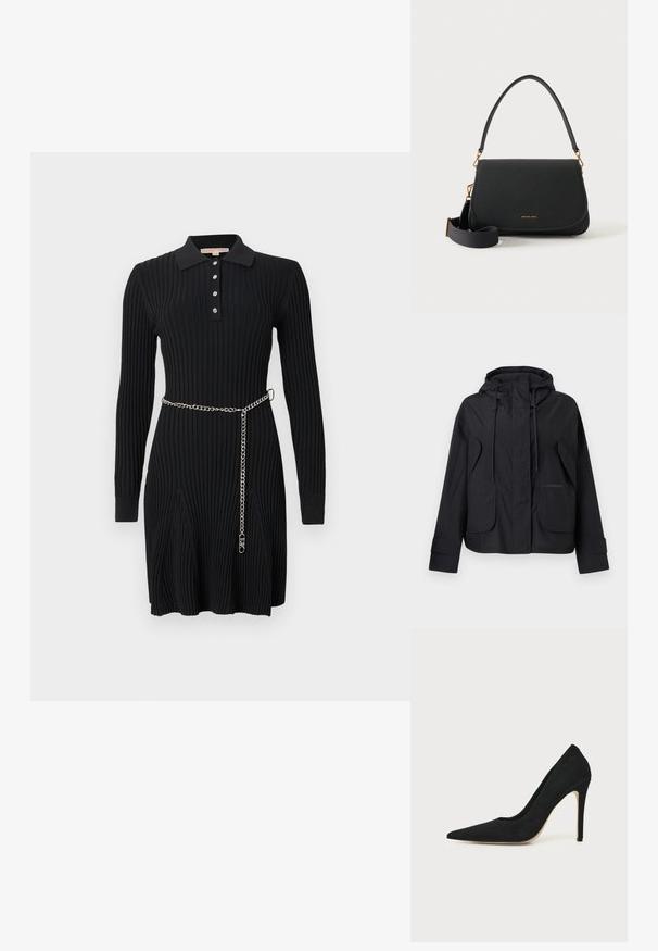 Veste noire à capuche avec poches à rabat à l'avant, cordons de serrage ajustables sur la capuche et bandes auto-agrippantes aux poignets.; Robe noire en maille côtelée avec manches longues, col polo boutonné, détails de jupe évasée et ceinture fine en chaîne argentée à la taille.; Escarpin stiletto noir à talon haut avec bout pointu et texture lisse, présenté de profil sur un fond clair uni.; Sac à épaule en cuir noir avec rabat incurvé, ferrures dorées, sangle bandoulière en tissu réglable et petit logo Michael Kors.