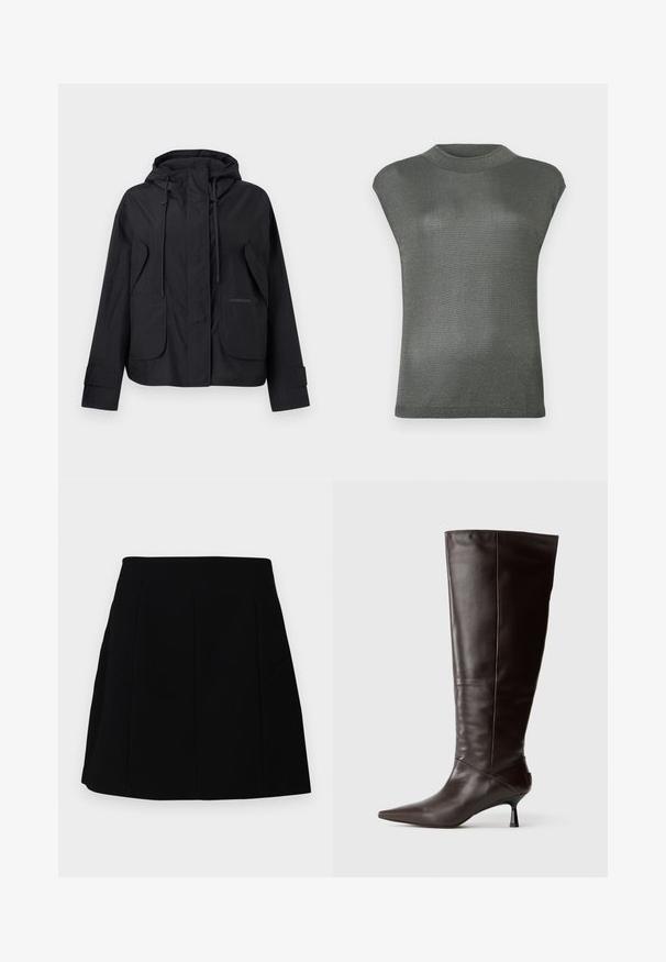 Veste noire à capuche avec poches à rabat à l'avant, cordons de serrage ajustables sur la capuche et bandes auto-agrippantes aux poignets.; Haut court à manches courtes, gris métallisé, avec un col haut. Fabriqué dans un matériau extensible et légèrement réfléchissant. Texture lisse et design ajusté.; Mini-jupe noire avec une silhouette structurée, présentant des coutures à l'avant et des poches latérales, fabriquée à partir d'un tissu lisse et léger.; Botte en cuir marron, hauteur genou, avec un bout pointu et un talon fin. Texture lisse et design élégant, arborant une silhouette minimaliste.