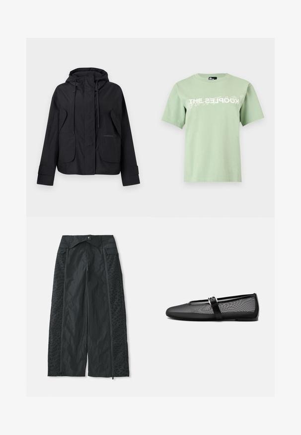 Veste noire à capuche avec poches à rabat à l'avant, cordons de serrage ajustables sur la capuche et bandes auto-agrippantes aux poignets.; T-shirt vert clair à manches courtes avec col rond et texte blanc superposé "THE KOOPLES" sur la poitrine.; Pantalons larges noirs en matière légère, dotés de motifs texturés sur les côtés et d'ouvertures zippées aux ourlets.; Ballerine noire en mesh avec bout rond et bride Mary Jane réglable avec boucle argentée, sur un fond gris clair uni.