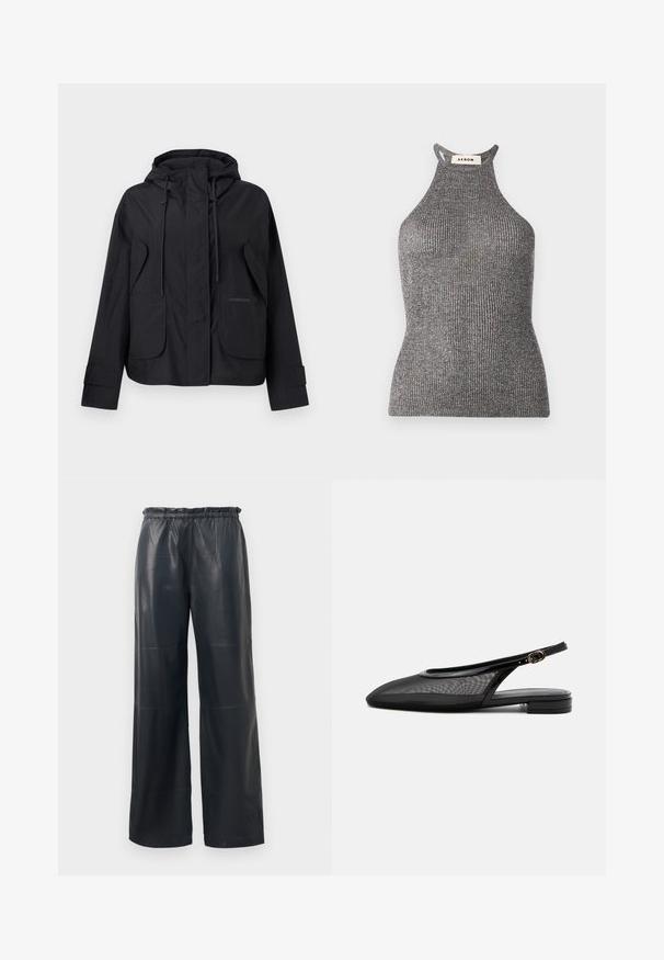 Schwarze Kapuzenjacke mit vorderen Klappentaschen, verstellbaren Kordeln an der Kapuze und Klettverschlüssen an den Manschetten.; Graues Halterneck-Top aus geripptem Material, mit taillierter Passform und hohem Kragen mit offenen Seiten. Markenetikett am Kragen sichtbar.; Schwarze, fauxlederne weite Hosen mit elastischem Bund, die eine glatte Textur und saubere Nähte aufweisen.; Schwarzer Slingback-Flachschuh mit spitzer Kappe, Mesh-Obermaterial, verstellbarem Schnallenriemen und niedrigem Blockabsatz auf weißem Hintergrund.