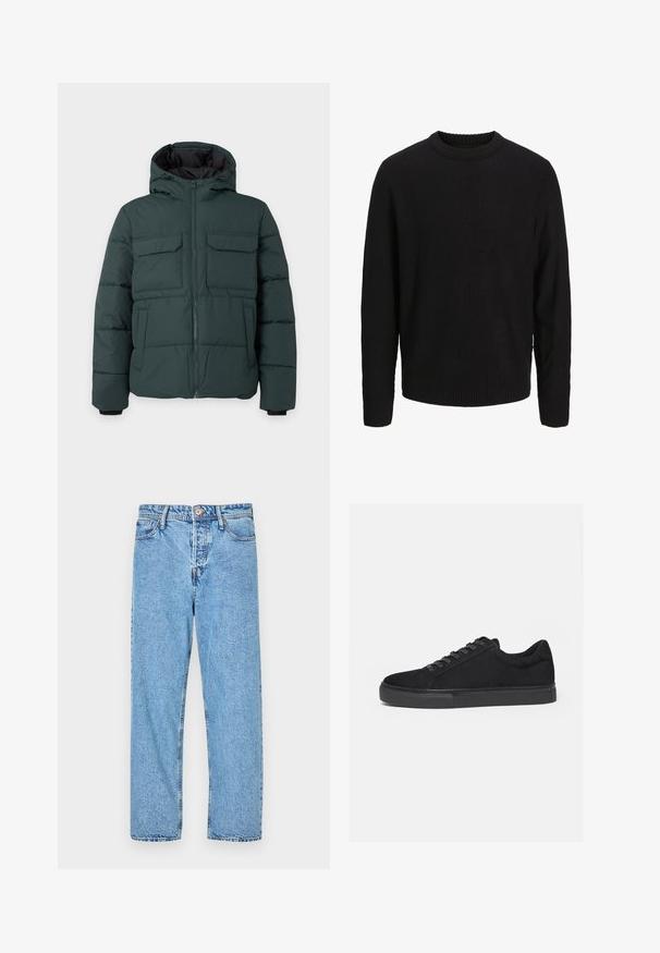 Mørkegrøn polstret jakke med hætte, frontlynlås, to klaplommer på brystet og to sidelommer på en ensfarvet lys baggrund.; Sort langærmet strikket sweater med rund halsudskæring, ribstrikkede manchetter og kant, vist på en ensartet lys grå baggrund.; Lysblå denim jeans med lige ben design, fem-lomme stil, synlige syninger og knap- samt lynlåslukning.; Sort lavtop sneaker med snørelukning foran og flad gummisål, vist fra siden på en hvid baggrund.