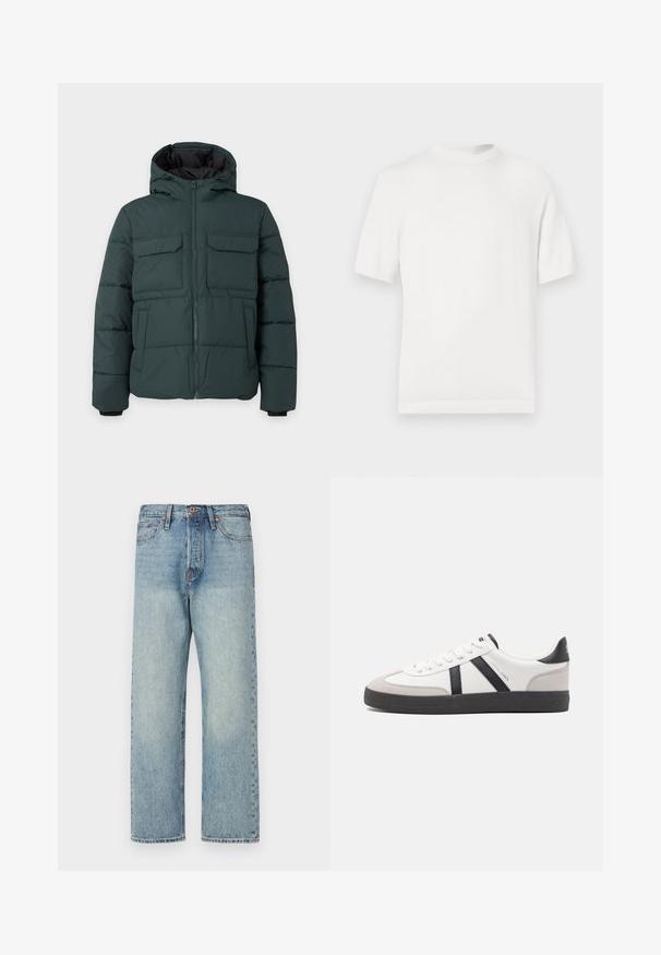 Chaqueta acolchada de color verde oscuro con capucha, cremallera frontal, dos bolsillos de solapa en el pecho y dos bolsillos laterales sobre un fondo liso y claro.; Camiseta de punto blanca de manga corta con cuello redondo, que presenta una textura suave y acentos de canalé en el cuello y el dobladillo.; Jeans de mezclilla azul claro con un diseño de pierna recta, cinco bolsillos y herrajes en bronce. Mínima decoloración con un acabado limpio.; Zapatilla blanca con acentos en negro y gris, que presenta una puntera texturizada en gris, suela de goma negra y cordones planos blancos. Diseño limpio, estilo minimalista.