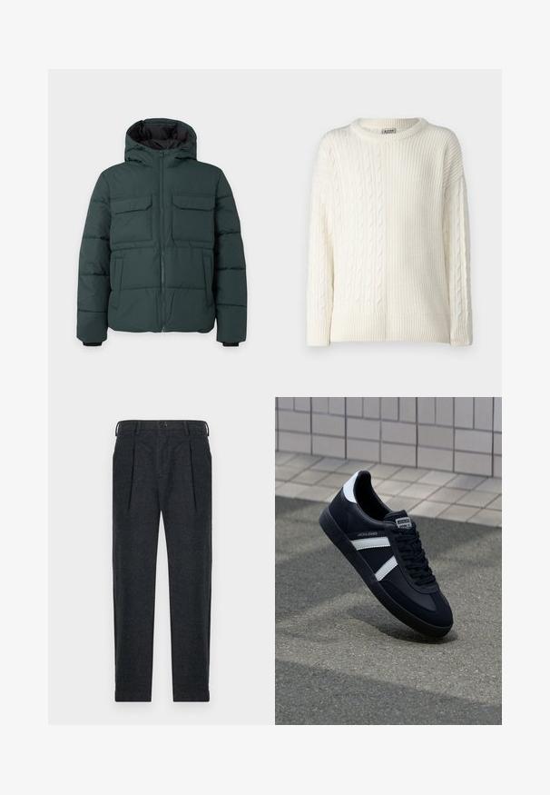 Mørkegrøn polstret jakke med hætte, frontlynlås, to klaplommer på brystet og to sidelommer på en ensfarvet lys baggrund.; Denim Project DPMDPKNITTED COMBINED SWEATSHIRT - Striktrøje - off white; Grå uld-blandede bukser med to frontindfoldninger, bæltestropper, sidelommer og knaplukning. Lige ben-design med en glat tekstur.; Sort lædersneaker med hvide striber, tekstureret gummisål og snørrebånd foran. Har et brandet mærke på tungen.