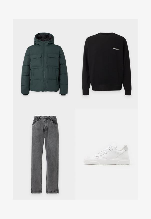 Donkergroene gewatteerde jas met capuchon, ritssluiting aan de voorkant, twee klepzakken op de borst en twee zijzakken op een effen lichte achtergrond.; Replay Inc. Sweater - black; Zwarte denim jeans met een recht model, voorzien van vijf zakken, een knoopsluiting en subtiele stikdetails op de naden.; Witte leren sneakers met een gladde afwerking, ronde neus, platte veters en een gestructureerde zool. Grijze suède accent bij de hiel.