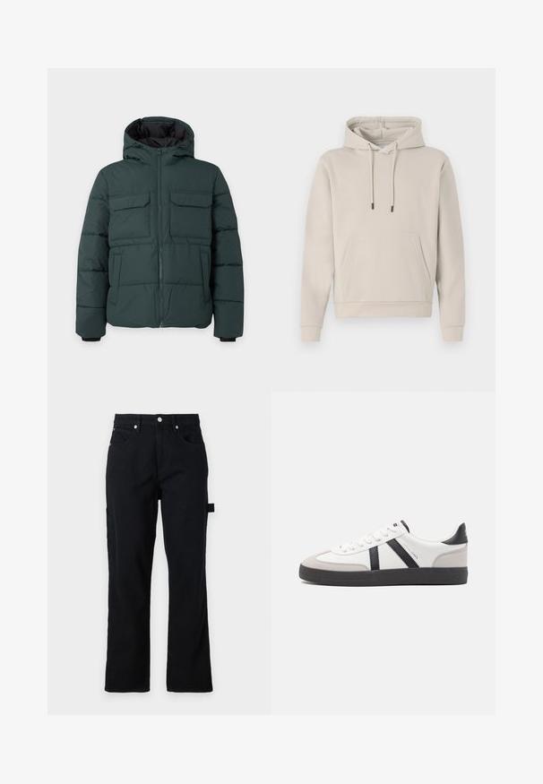 Donkergroene gewatteerde jas met capuchon, ritssluiting aan de voorkant, twee klepzakken op de borst en twee zijzakken op een effen lichte achtergrond.; Hoodie in lichtbeige, met een voorzak, trekkoorden en geribbelde manchetten. Gemaakt van zacht, glad materiaal met een losse pasvorm.; Zwarte denim broek met rechte pijpen, voorzakken en achterzakken met opgenaaide details. Bevat zilveren hardware en een zijlusdetail voor functionaliteit.; Witte sneaker met zwarte en grijze accenten, voorzien van een grijze neus met textuur, zwarte rubberen zool en platte witte veters. Schoon ontwerp, minimalistische stijl.
