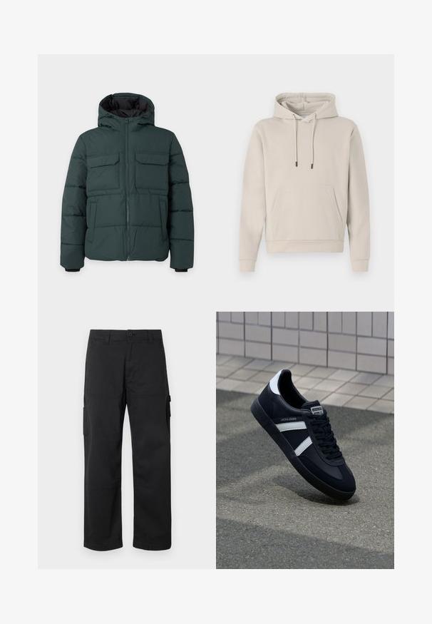 Dunkelgrüne gesteppte Jacke mit Kapuze, Frontreißverschluss, zwei Klappbrusttaschen und zwei Seitentaschen auf einfarbig hellem Hintergrund.; Kapuzensweatshirt in hellbeige, mit einer Fronttasche, Kordelzügen und gerippten Bündchen. Aus weichem, glattem Stoff gefertigt mit einer lockeren Passform.; Schwarze Cargo-Hosen mit geradem Bein, mehreren Seitentaschen und einem Knopfverschluss. Hergestellt aus strapazierfähigem, leichtem Stoff.; Schwarze Leder-Sneaker mit weißen Streifen, strukturiertem Gummisohle und Schnürung. Verfügt über ein Markenetikett auf der Zunge.
