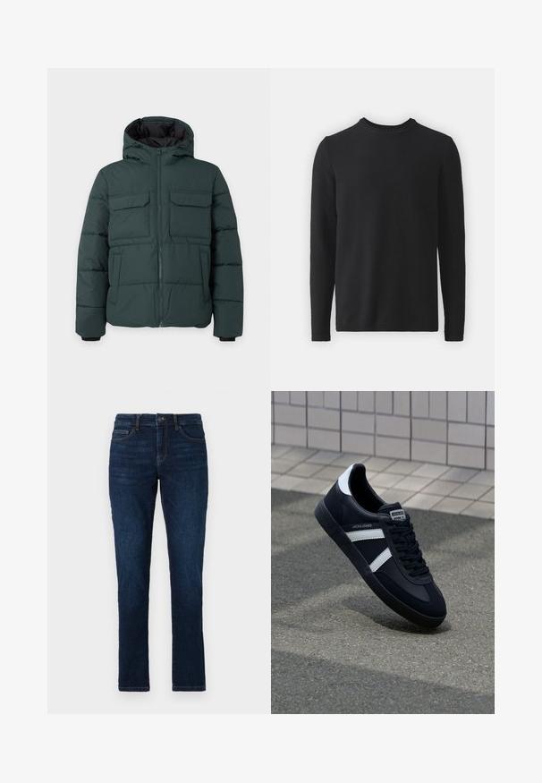 Dunkelgrüne gesteppte Jacke mit Kapuze, Frontreißverschluss, zwei Klappbrusttaschen und zwei Seitentaschen auf einfarbig hellem Hintergrund.; Schwarzer Strickpullover mit Rundhalsausschnitt und langen Ärmeln. Verfügt über ein strukturiertes Muster sowie gerippte Bündchen und Saum.; Dunkelblaue Jeans im Slim-Fit-Stil mit dem klassischen Fünf-Taschen-Design sowie einer Knopf- und Reißverschlussbefestigung. Glatte Textur mit minimalem Verblassen.; Schwarze Leder-Sneaker mit weißen Streifen, strukturiertem Gummisohle und Schnürung. Verfügt über ein Markenetikett auf der Zunge.