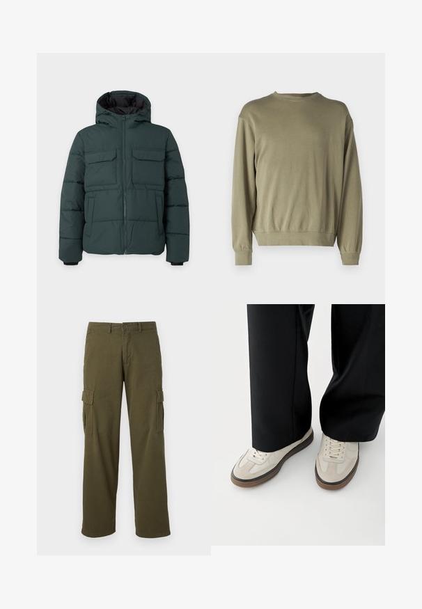 Mørkegrøn polstret jakke med hætte, frontlynlås, to klaplommer på brystet og to sidelommer på en ensfarvet lys baggrund.; Oliven grøn, langærmet sweatshirt lavet af blødt bomuldsblanding. Har en rund halsudskæring og ribbede manchetter med en afslappet pasform.; Olivengrønne cargo-bukser med lige ben-design, der har sidelommer, knaplukning og et holdbart stof.; Fødder iført beige sneakers med brune såler og sorte bukser med vide ben på hvid baggrund.