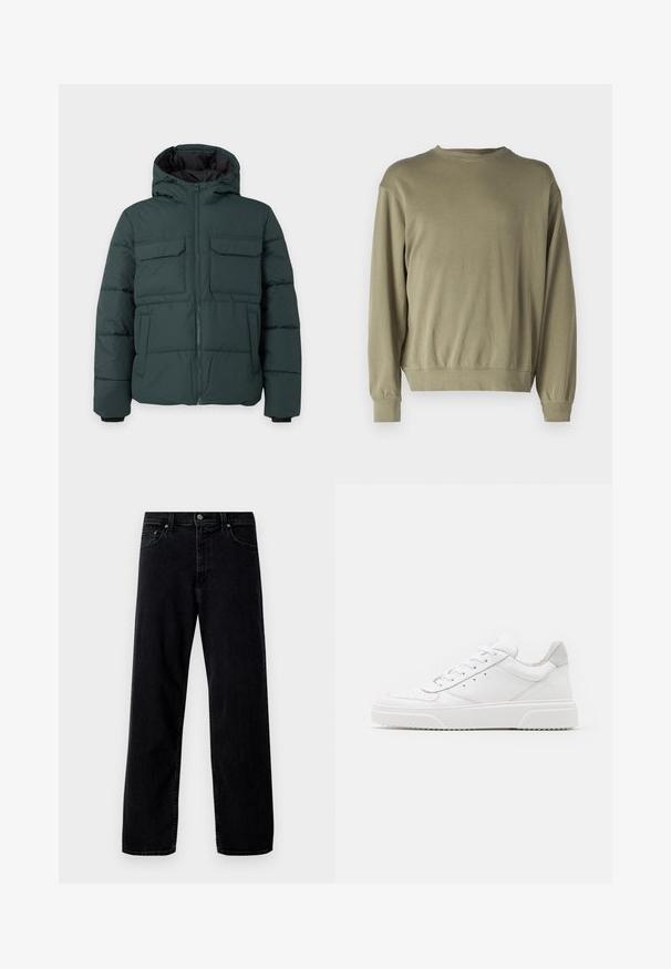Dunkelgrüne gesteppte Jacke mit Kapuze, Frontreißverschluss, zwei Klappbrusttaschen und zwei Seitentaschen auf einfarbig hellem Hintergrund.; Olivgrüner Pullover mit langen Ärmeln aus einer weichen Baumwollmischung. Hat einen runden Halsausschnitt und gerippte Bündchen mit einer lockeren Passform.; Hollister Co. Baggy Jeans - washed black; Weiße Leder-Sneaker mit glatter Oberfläche, rundem Zehenbereich, flachen Schnürsenkeln und strukturiertem Schuhsohlen. Graues Wildleder-Detail an der Ferse.