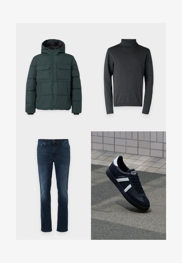 Dunkelgrüne gesteppte Jacke mit Kapuze, Frontreißverschluss, zwei Klappbrusttaschen und zwei Seitentaschen auf einfarbig hellem Hintergrund.; Dunkelgrauer Rollkragenpullover aus weichem Material, mit langen Ärmeln sowie gerippten Bündchen und Saum, mit einer glatten, gleichmäßigen Textur.; Dunkelblaue Jeans aus Denim mit geradem Schnitt, mittlerer Leibhöhe, fünf Taschen und Stichdetails. Glatte Textur mit leicht ausgebleichten Akzenten.; Schwarze Leder-Sneaker mit weißen Streifen, strukturiertem Gummisohle und Schnürung. Verfügt über ein Markenetikett auf der Zunge.