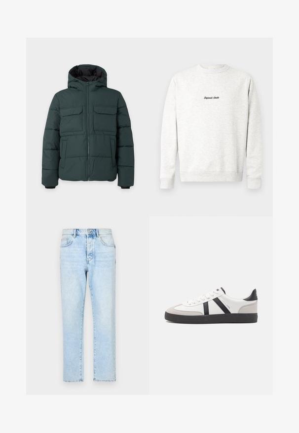 Mørkegrøn polstret jakke med hætte, frontlynlås, to klaplommer på brystet og to sidelommer på en ensfarvet lys baggrund.; Lys grå crewneck sweatshirt lavet af blødt materiale, med et lille sort "Originals Studio" logo på fronten og ribbede manchetter.; Lysblå denimbukser med lige ben, falmede detaljer og traditionelt fem-lomme design. Lukkes med lynlås og knap foran.; Hvide sneakers med sorte og grå detaljer, med en tekstureret grå tåhætte, sort gummisål og flade hvide snørebånd. Rent design, minimalistisk stil.