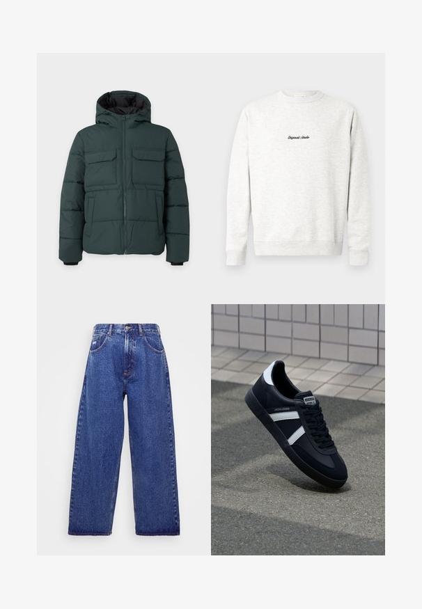 Mørkegrøn polstret jakke med hætte, frontlynlås, to klaplommer på brystet og to sidelommer på en ensfarvet lys baggrund.; Lys grå crewneck sweatshirt lavet af blødt materiale, med et lille sort "Originals Studio" logo på fronten og ribbede manchetter.; Bredde ben, blå denim jeans med høj talje, der har fem lommer, knaplukning og subtile blødgøringer for tekstur.; Sort lædersneaker med hvide striber, tekstureret gummisål og snørrebånd foran. Har et brandet mærke på tungen.