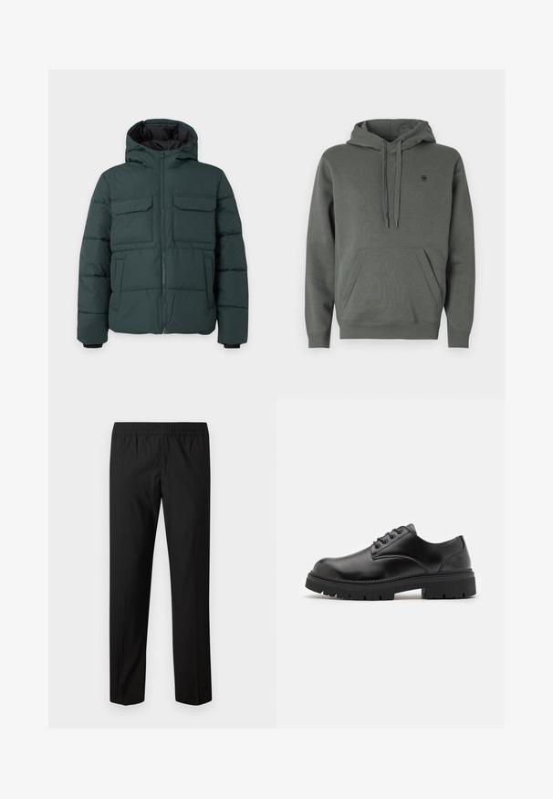 Dunkelgrüne gesteppte Jacke mit Kapuze, Frontreißverschluss, zwei Klappbrusttaschen und zwei Seitentaschen auf einfarbig hellem Hintergrund.; Dunkelgrüner Baumwollhoodie mit Kängurutasche, verstellbarem Kordelzug an der Kapuze und dezentem Logo auf der Brust; glatte Textur und lässige Passform.; Schwarze Hose mit geradem Bein und elastischem Bund, ohne sichtbare Taschen oder Verzierungen.; Schwarze Lederschuhe mit runder Zehenform, Schnürdesign und einer dicken, strukturierten Gummisohle. Sie verfügen über eine Naht entlang des Randes und haben eine glatte Oberfläche.