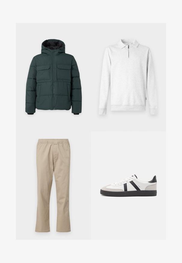 Mørkegrøn polstret jakke med hætte, frontlynlås, to klaplommer på brystet og to sidelommer på en ensfarvet lys baggrund.; Lys grå sweatshirt med lynlås i kraven, lange ærmer, ribbede manchetter og kant. Fremstillet af blød, tekstureret stof. Ingen mønstre eller accenter.; Beige bomuldsbukser med elastisk talje, lige ben-design og sidelommer, med en glat tekstur og uden mønstre.; Hvide sneakers med sorte og grå detaljer, med en tekstureret grå tåhætte, sort gummisål og flade hvide snørebånd. Rent design, minimalistisk stil.