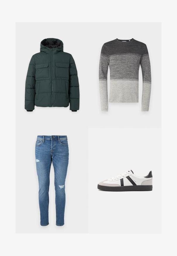 Veste matelassée vert foncé avec capuche, fermeture éclair sur le devant, deux poches poitrine à rabat et deux poches latérales sur un fond clair uni.; Pull gris à manches longues avec un design en blocs de couleur. Présente une texture tricotée, passant d'un gris foncé à un gris clair en bas.; Jean en denim bleu décoloré avec une coupe slim, présentant des zones usées au niveau des genoux, une fermeture à bouton et un design à cinq poches.; Baskets blanches avec des accents noirs et gris, présentant un embout texturé gris, une semelle en caoutchouc noir et des lacets plats blancs. Design épuré, style minimaliste.