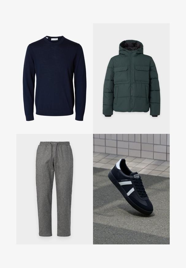 Chaqueta acolchada de color verde oscuro con capucha, cremallera frontal, dos bolsillos de solapa en el pecho y dos bolsillos laterales sobre un fondo liso y claro.; Jersey azul marino de manga larga con cuello redondo, puños y bajo acanalados, hecho de tejido fino de punto.; Pantalones de chándal grises de punto con una cintura elástica ajustable, piernas cónicas y un sutil patrón texturizado en toda la tela.; Zapatilla de cuero negra con rayas blancas, suela de goma texturizada y parte frontal con cordones. Cuenta con una etiqueta de marca en la lengüeta.